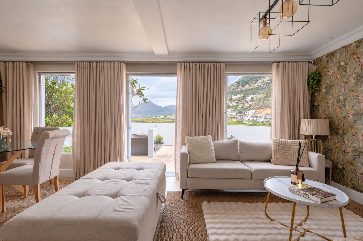 The lounge, windows open to the bay